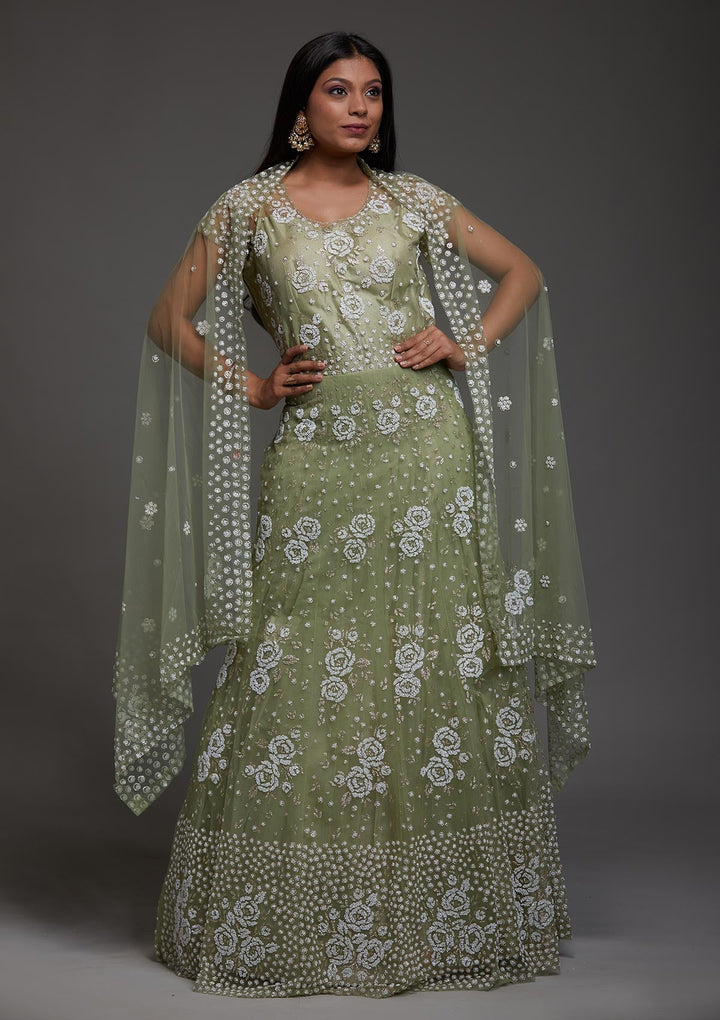 Pista Green Glitter Net Designer Gown-Koskii