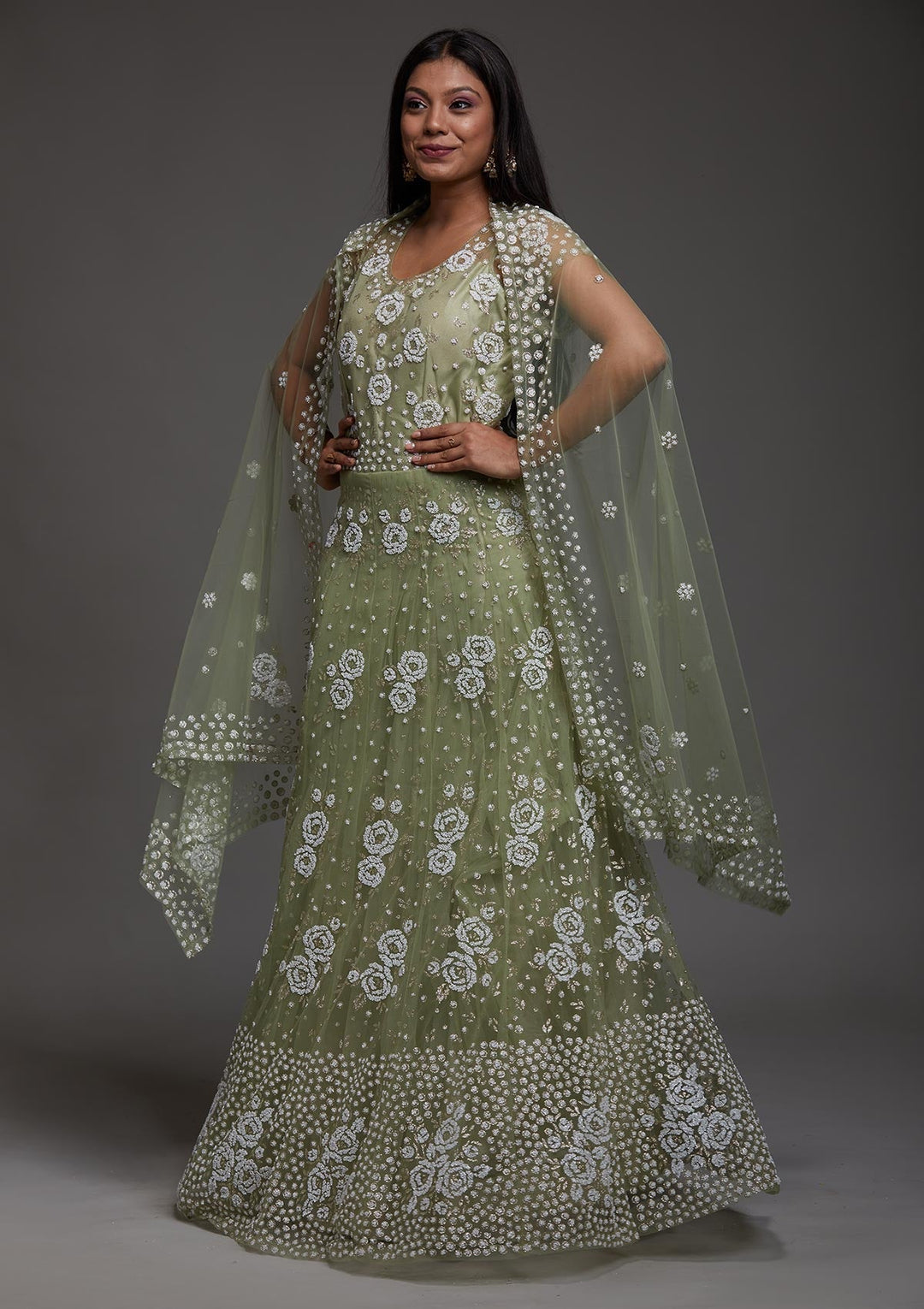 Pista Green Glitter Net Designer Gown-Koskii