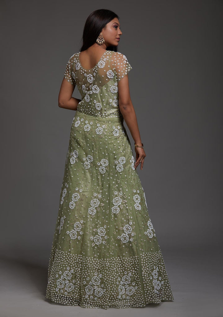 Pista Green Glitter Net Designer Gown-Koskii