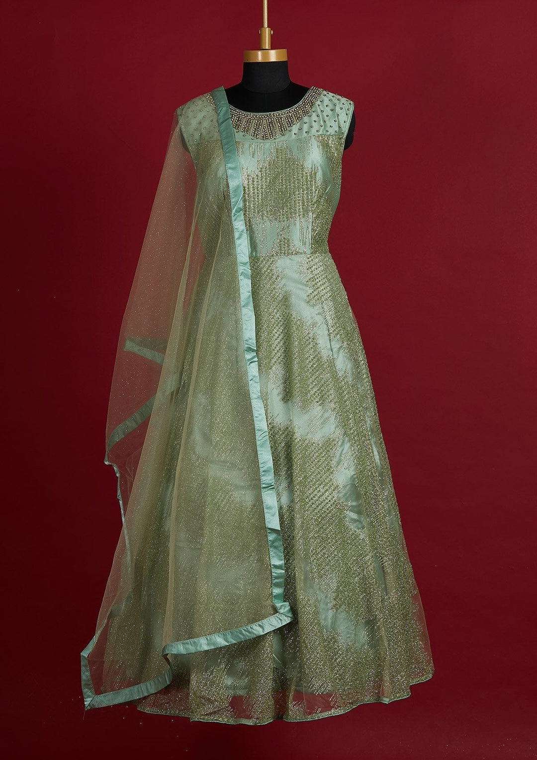 Pista Green Glitter Net Designer Gown - Koskii