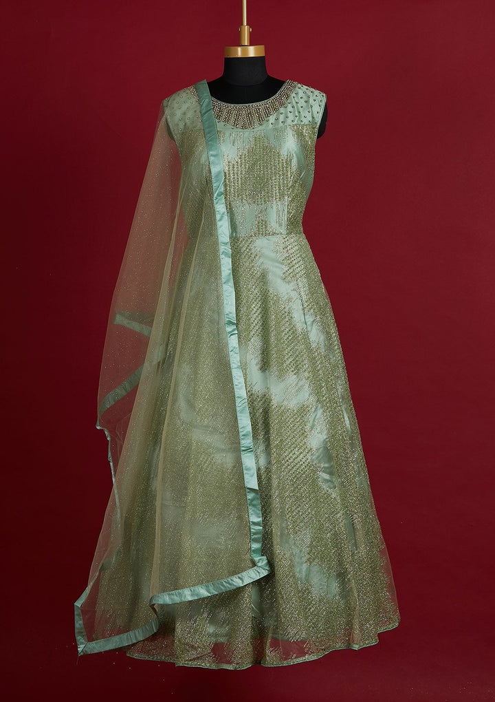 Pista Green Glitter Net Designer Gown - Koskii