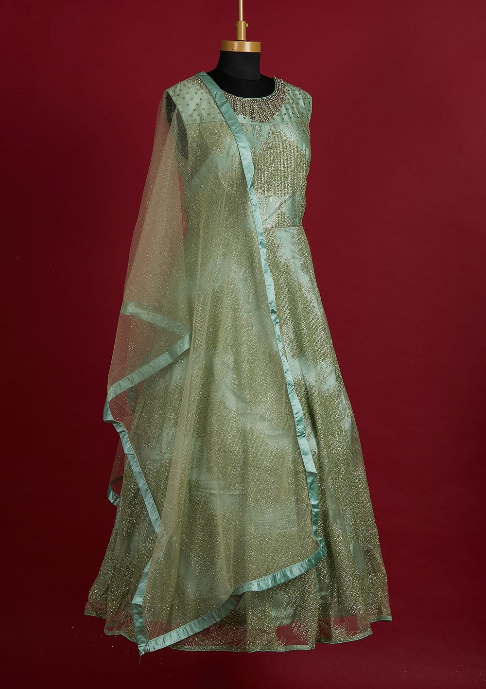 Pista Green Glitter Net Designer Gown - Koskii