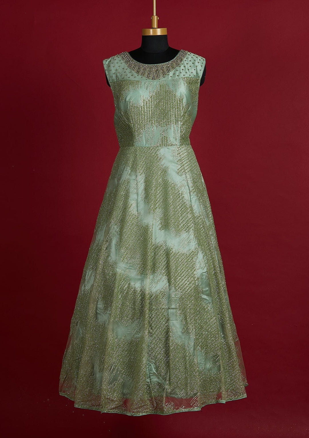 Pista Green Glitter Net Designer Gown - Koskii
