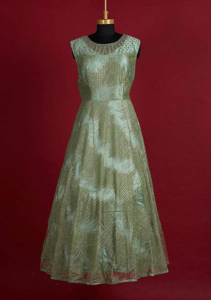 Pista Green Glitter Net Designer Gown - Koskii