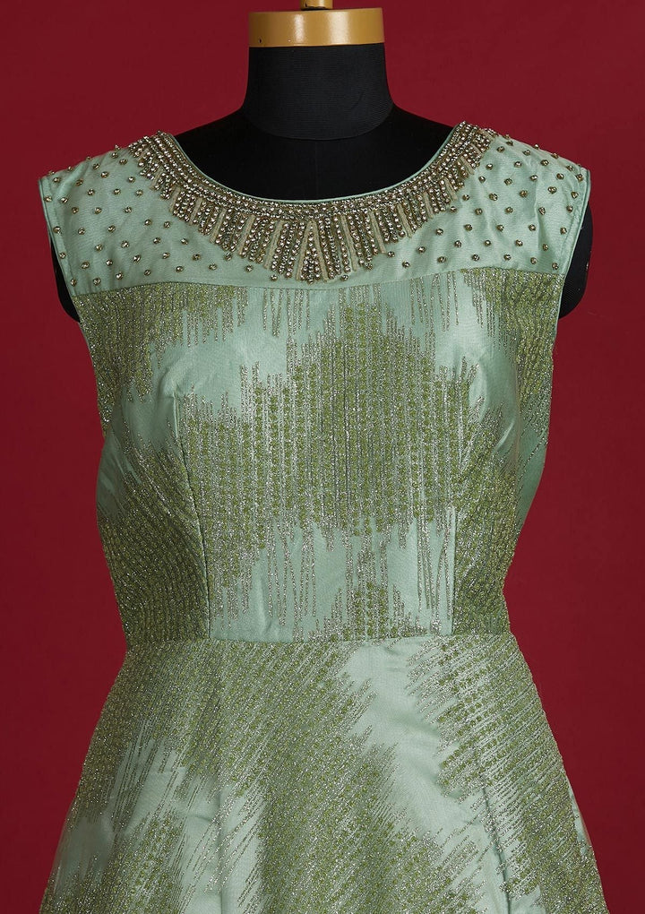 Pista Green Glitter Net Designer Gown - Koskii