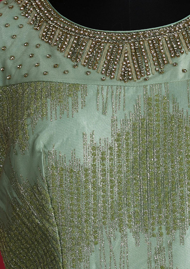 Pista Green Glitter Net Designer Gown - Koskii