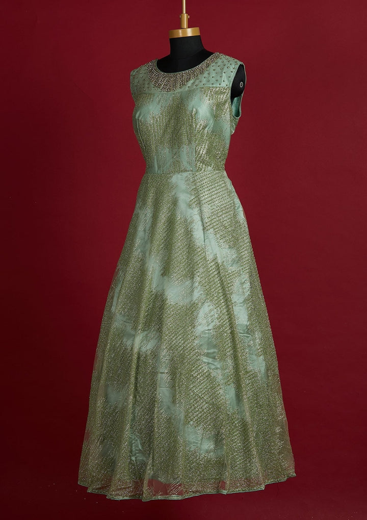 Pista Green Glitter Net Designer Gown - Koskii