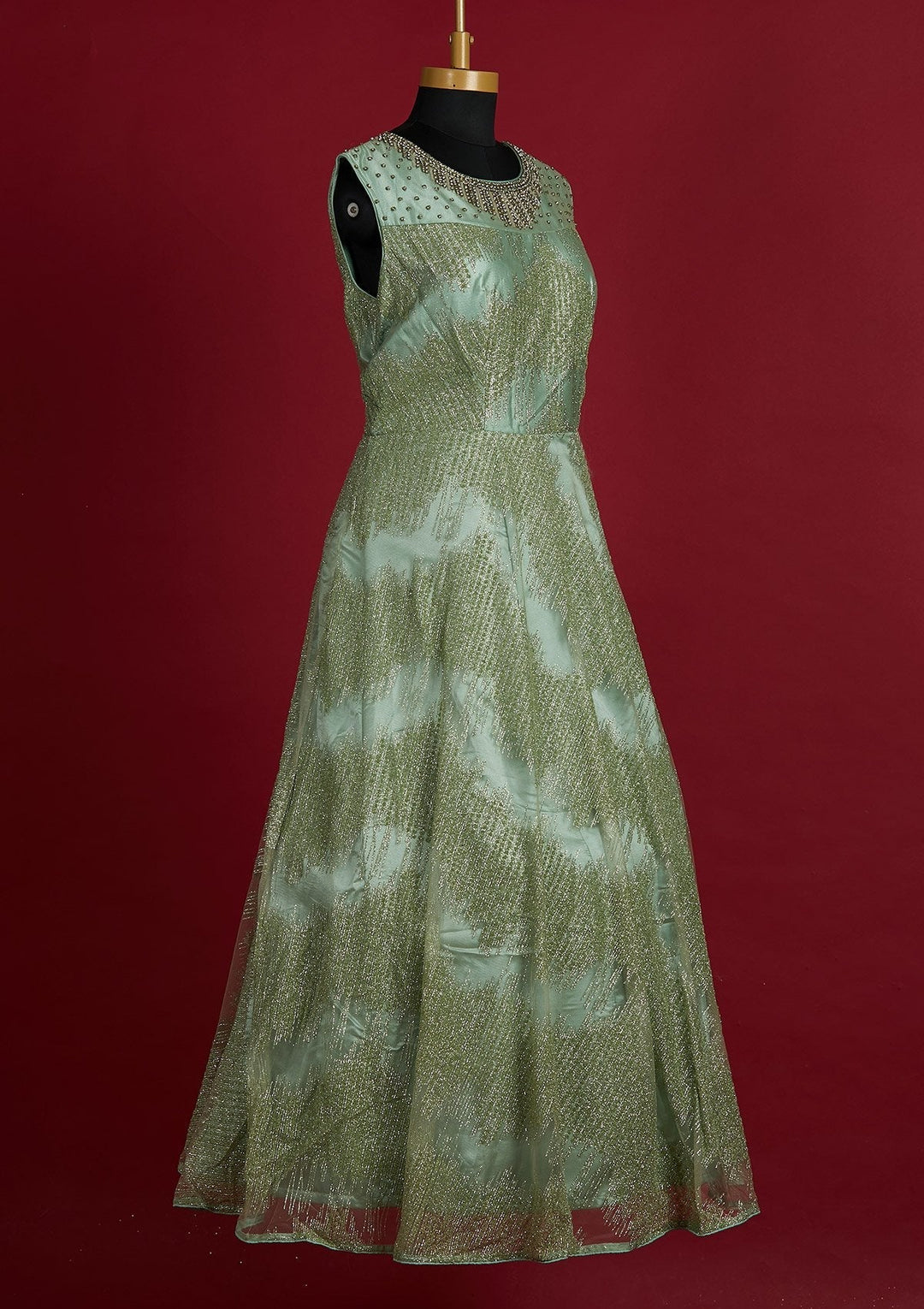 Pista Green Glitter Net Designer Gown - Koskii