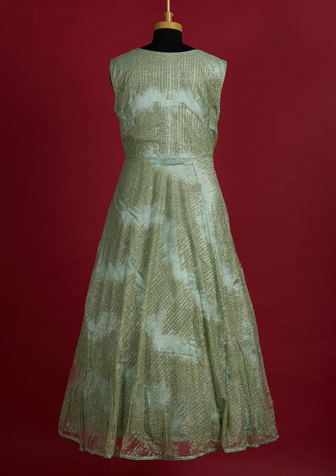 Pista Green Glitter Net Designer Gown - Koskii