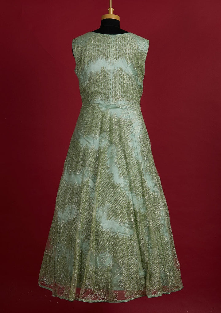 Pista Green Glitter Net Designer Gown - Koskii