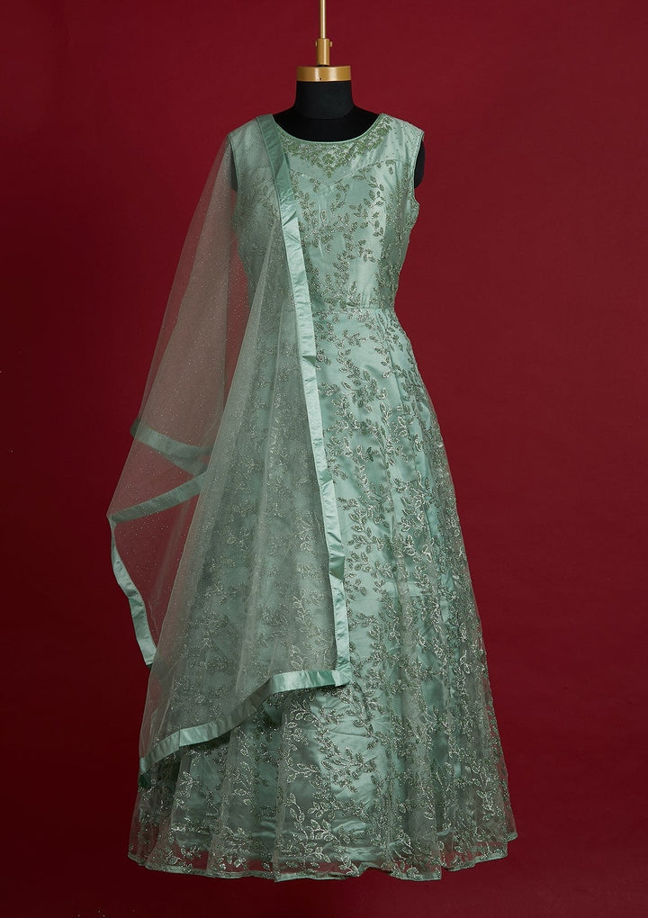 Pista Green Glitter Net Designer Gown - Koskii