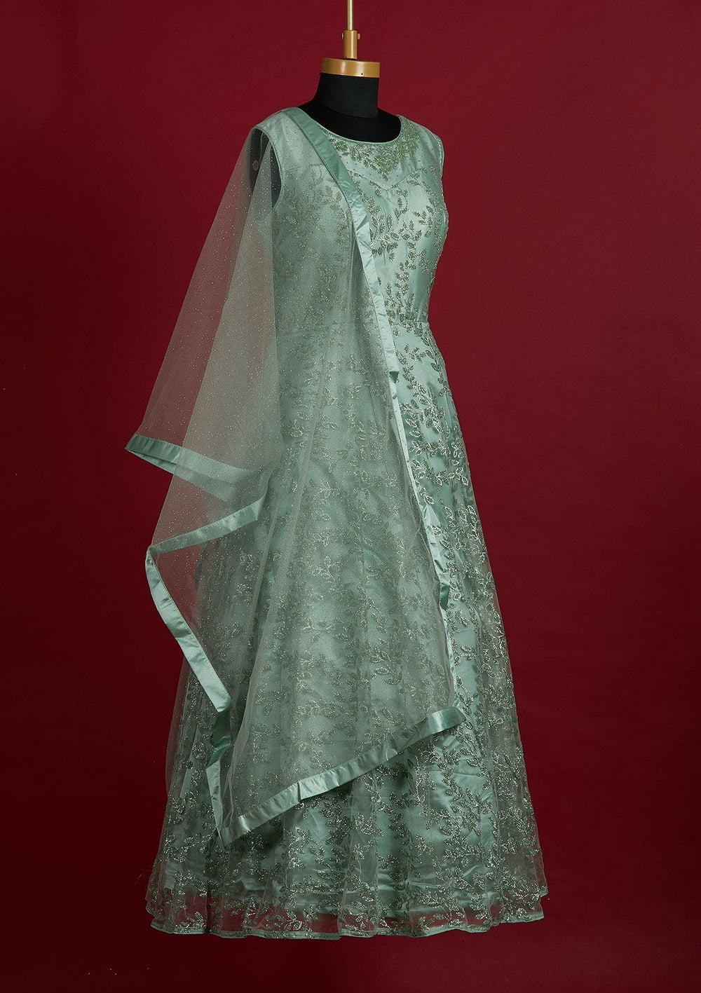 Pista Green Glitter Net Designer Gown - Koskii
