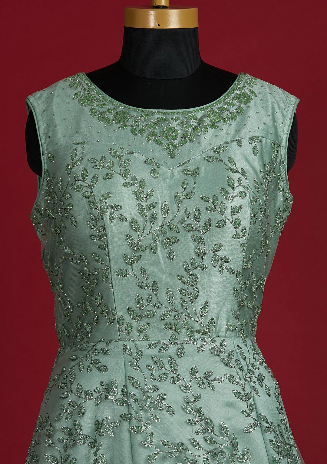 Pista Green Glitter Net Designer Gown - Koskii