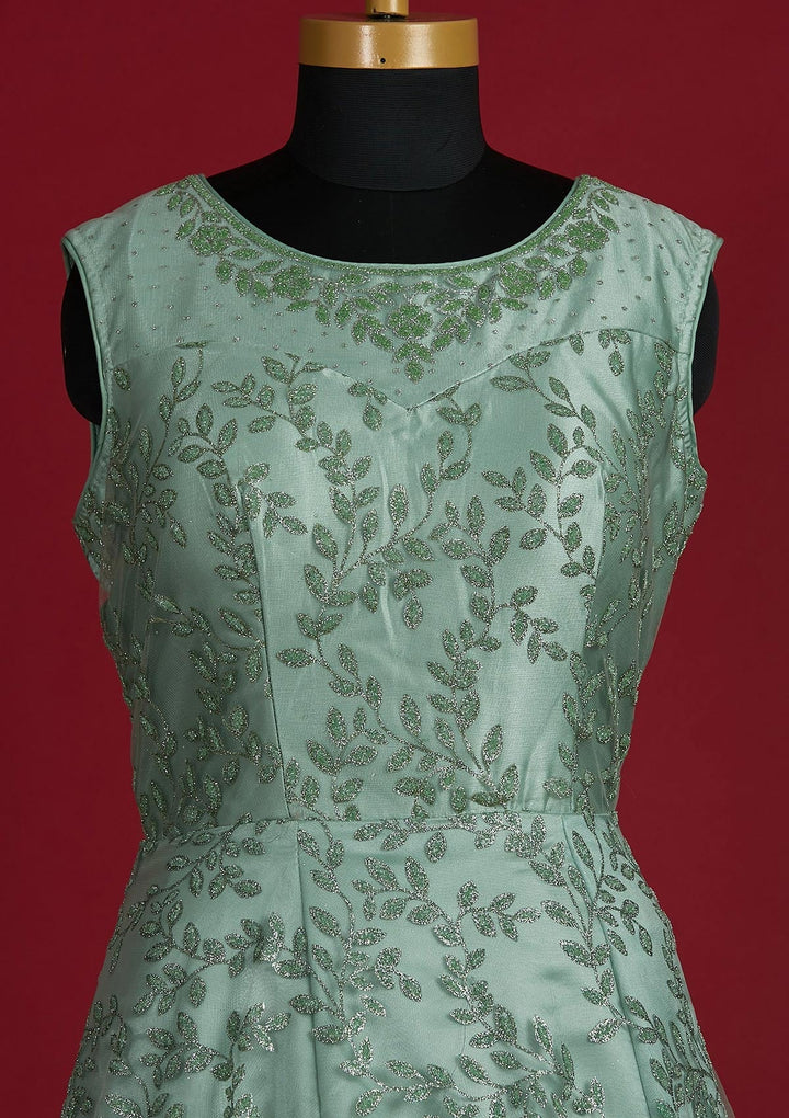 Pista Green Glitter Net Designer Gown - Koskii