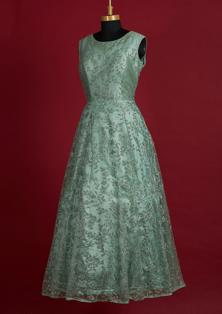 Pista Green Glitter Net Designer Gown - Koskii