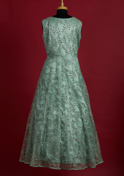 Pista Green Glitter Net Designer Gown - Koskii
