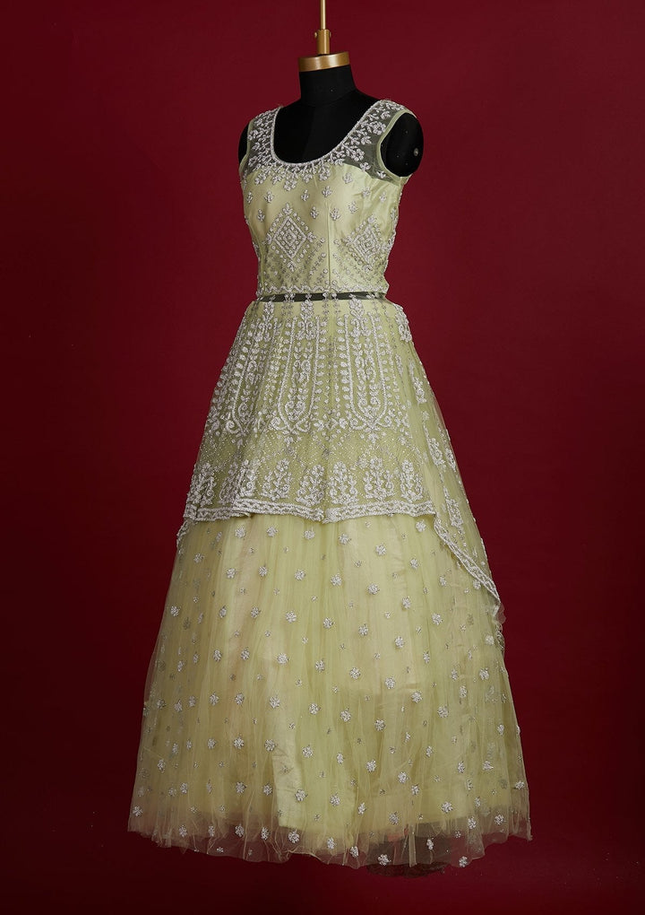 Pista Green Glitter Net Designer Lehenga - Koskii