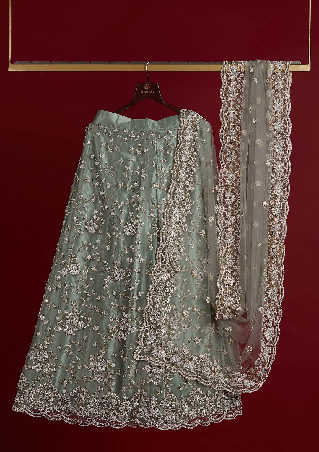 Pista Green Glitter Net Designer Semi-Stitched Lehenga - koskii