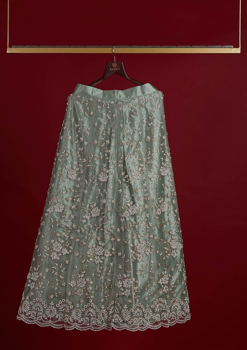 Pista Green Glitter Net Designer Semi-Stitched Lehenga - koskii