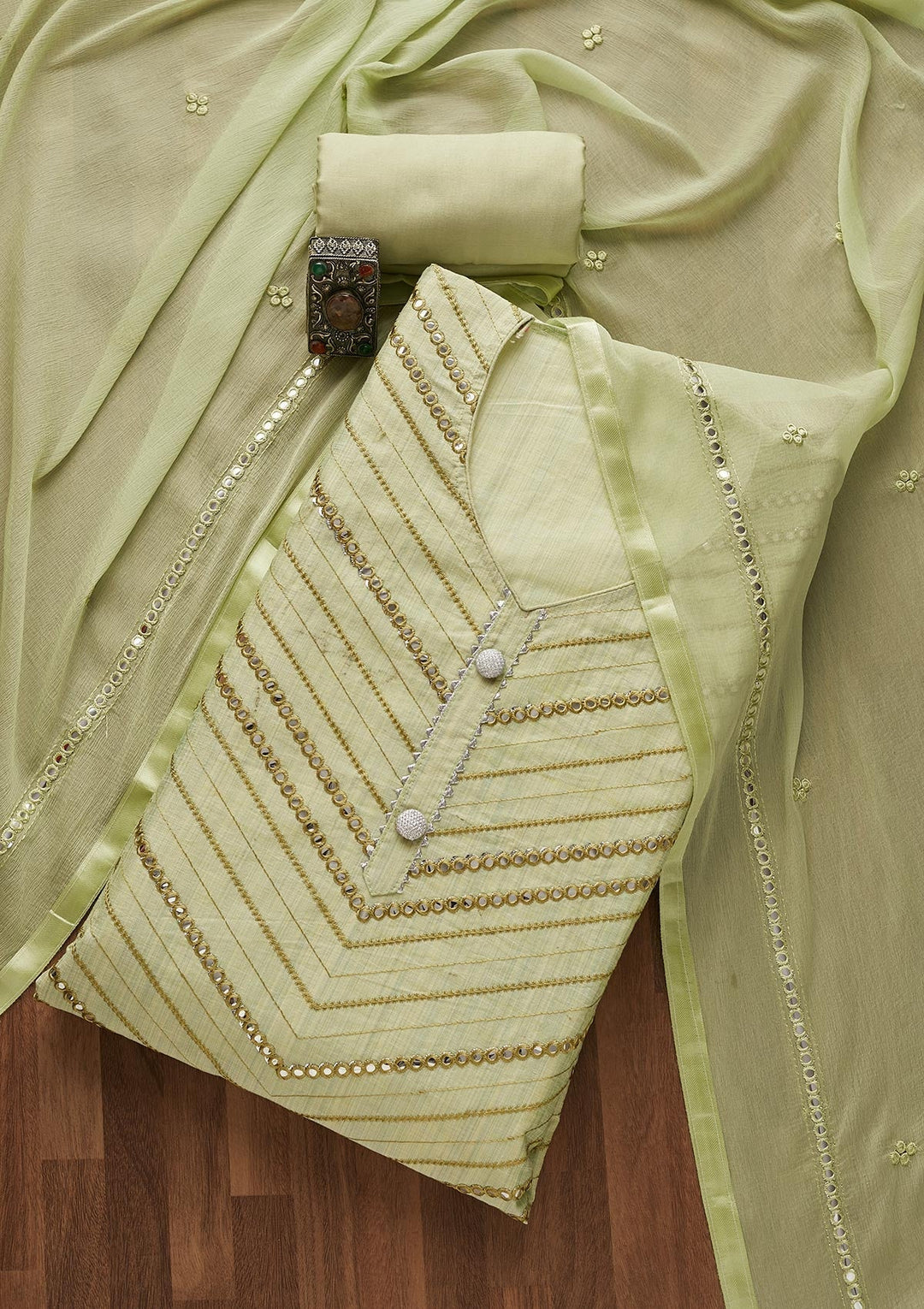Pista Green Gotapatti Chanderi Unstitched Salwar Suit-Koskii