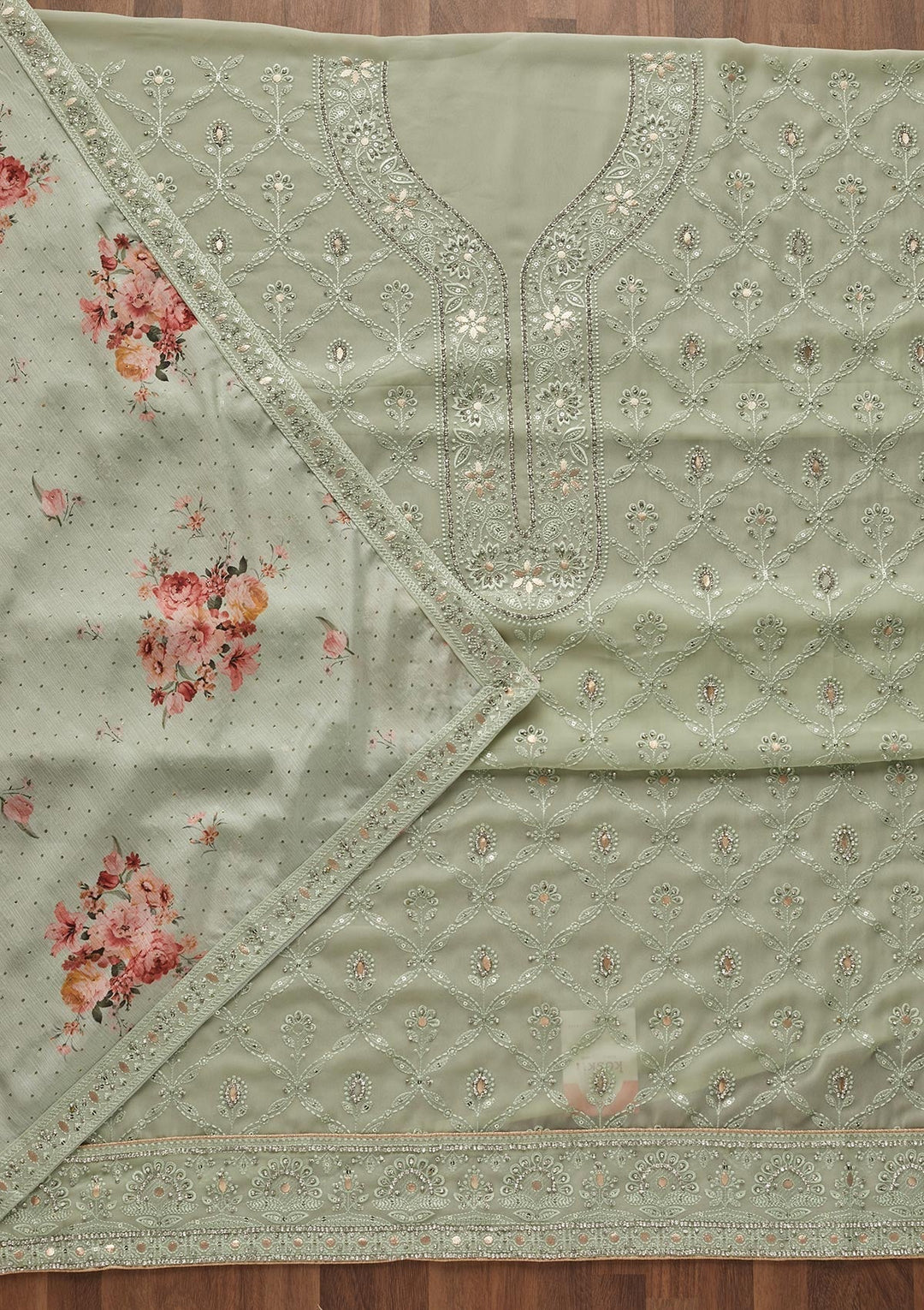 Pista Green Gotapatti Georgette Semi-Stitched Salwar Suit - Koskii
