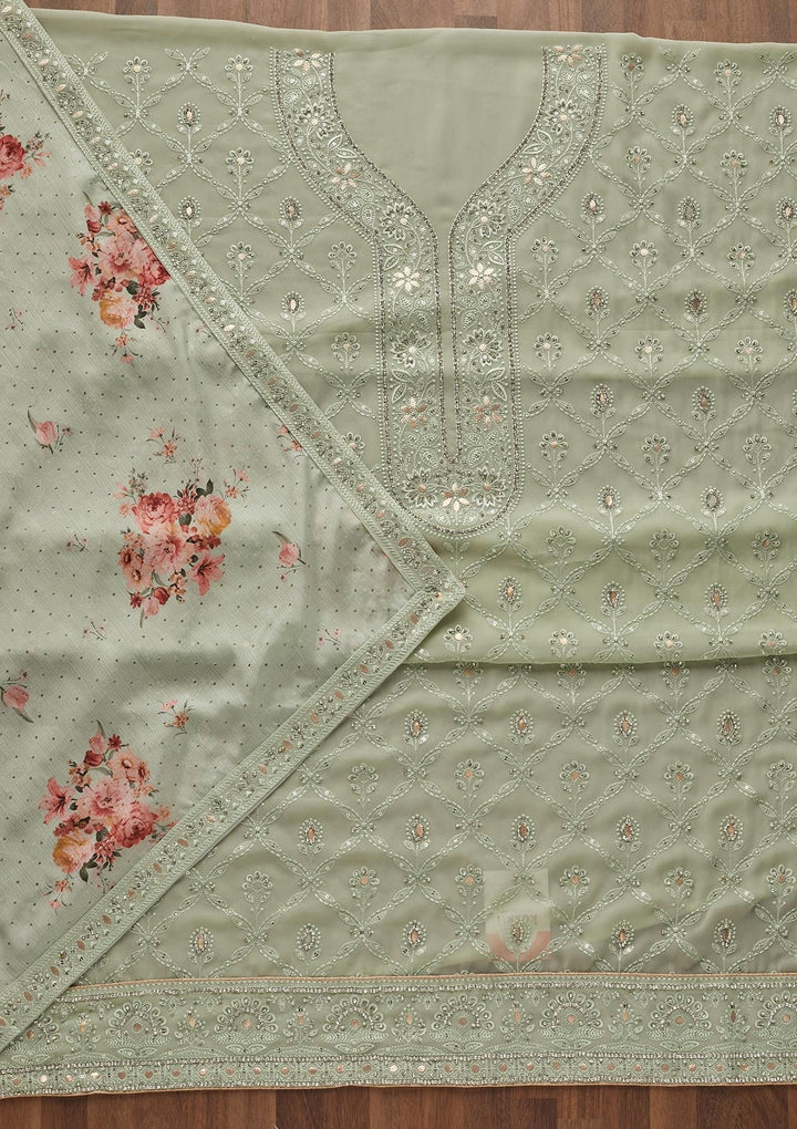 Pista Green Gotapatti Georgette Semi-Stitched Salwar Suit - Koskii