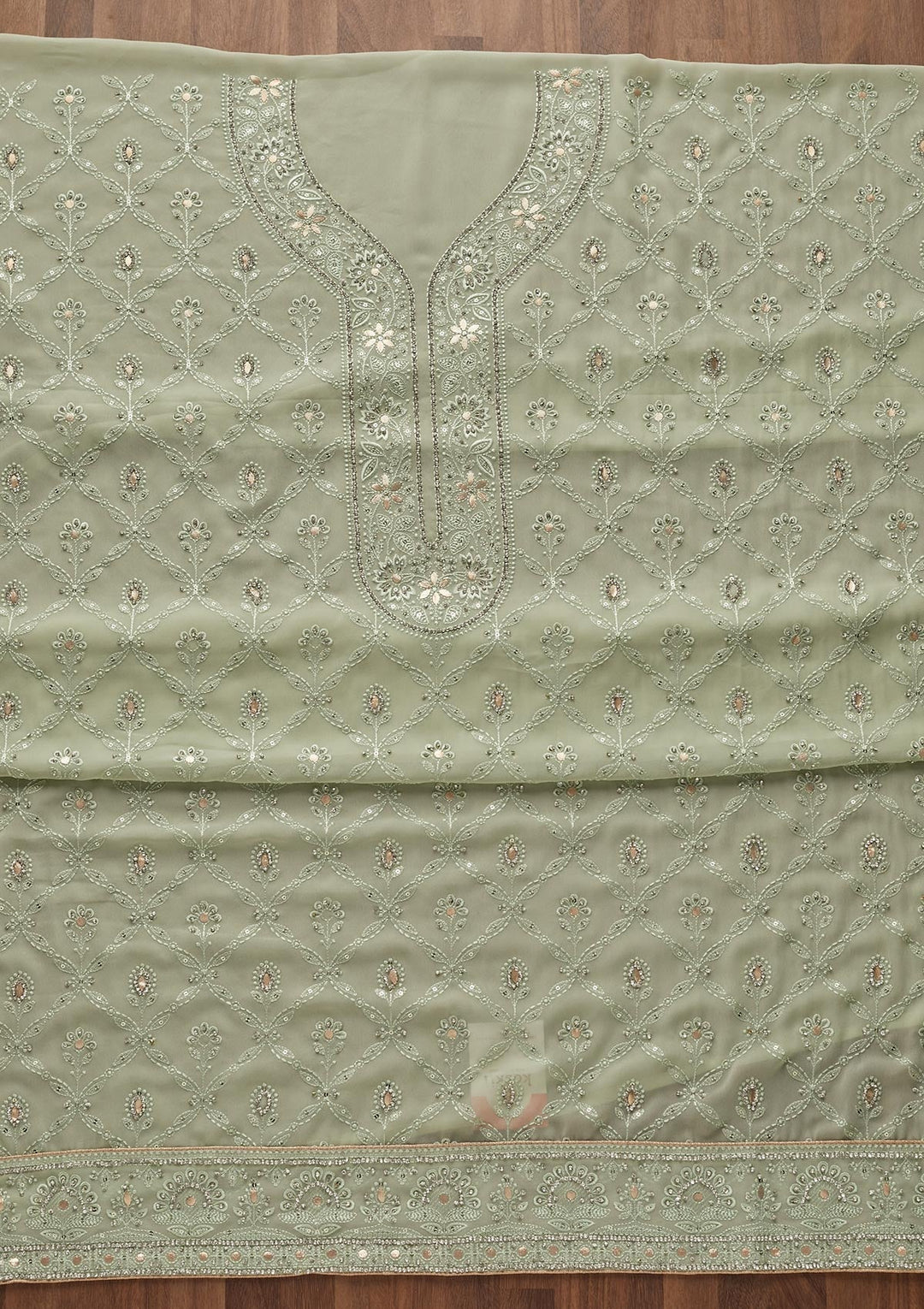 Pista Green Gotapatti Georgette Semi-Stitched Salwar Suit - Koskii