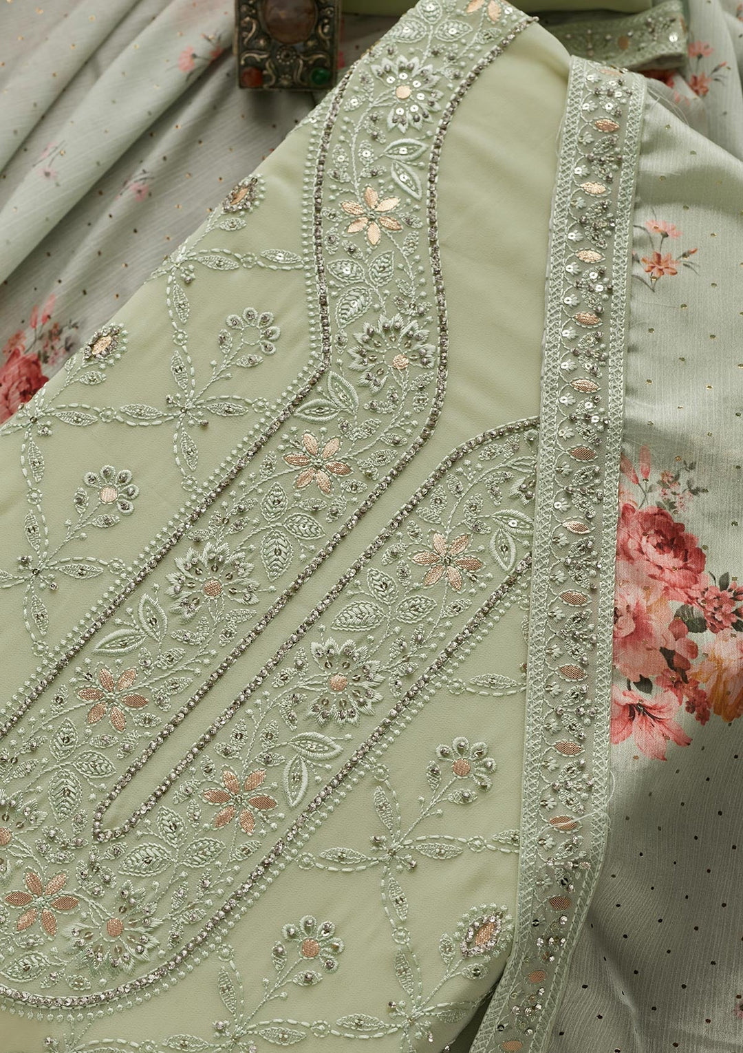 Pista Green Gotapatti Georgette Semi-Stitched Salwar Suit - Koskii