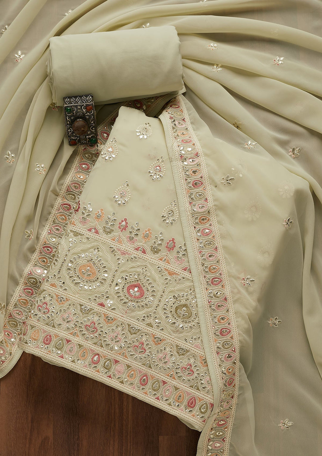 Pista Green Gotapatti Georgette Unstitched Salwar Suit-Koskii