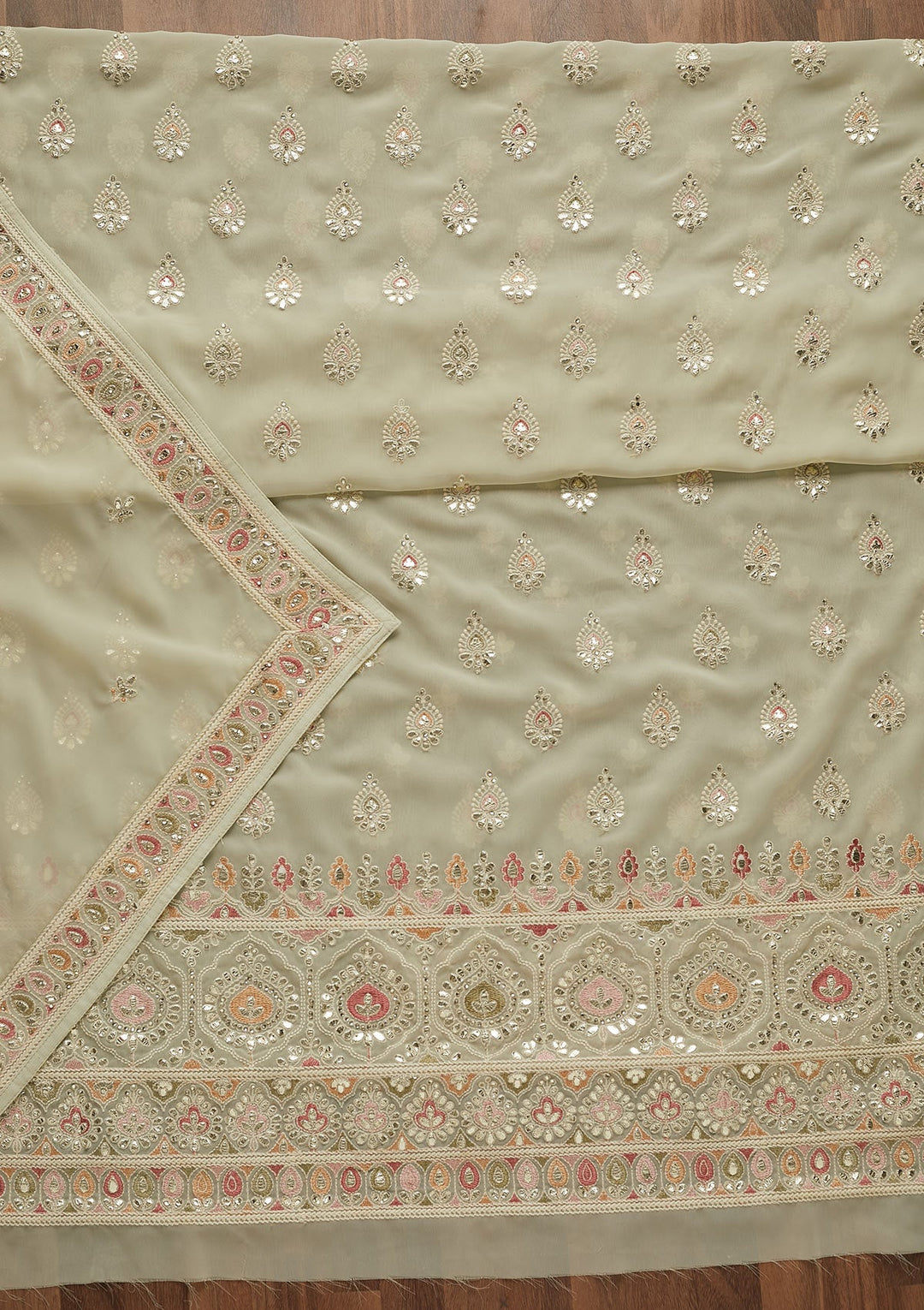 Pista Green Gotapatti Georgette Unstitched Salwar Suit-Koskii