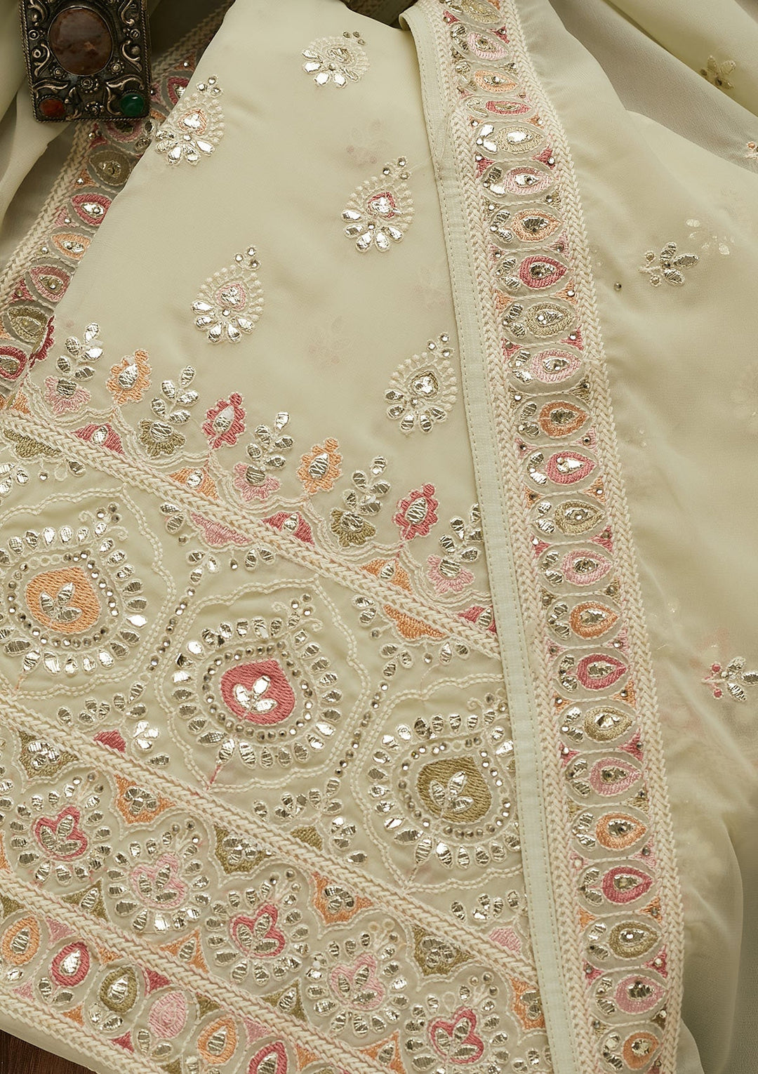 Pista Green Gotapatti Georgette Unstitched Salwar Suit-Koskii