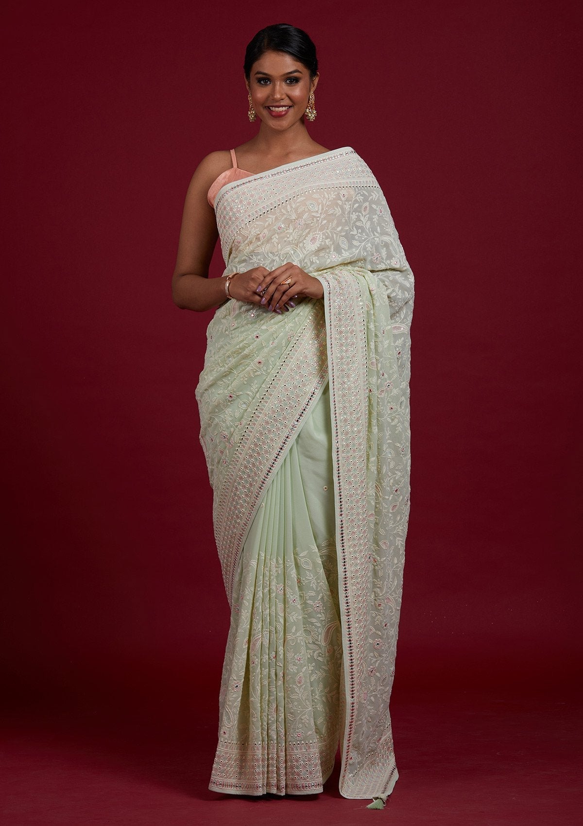 Pista Green Gotapatti Georgette Designer Saree - Koskii