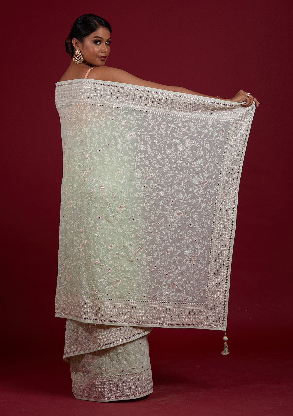 Pista Green Gotapatti Georgette Designer Saree - Koskii