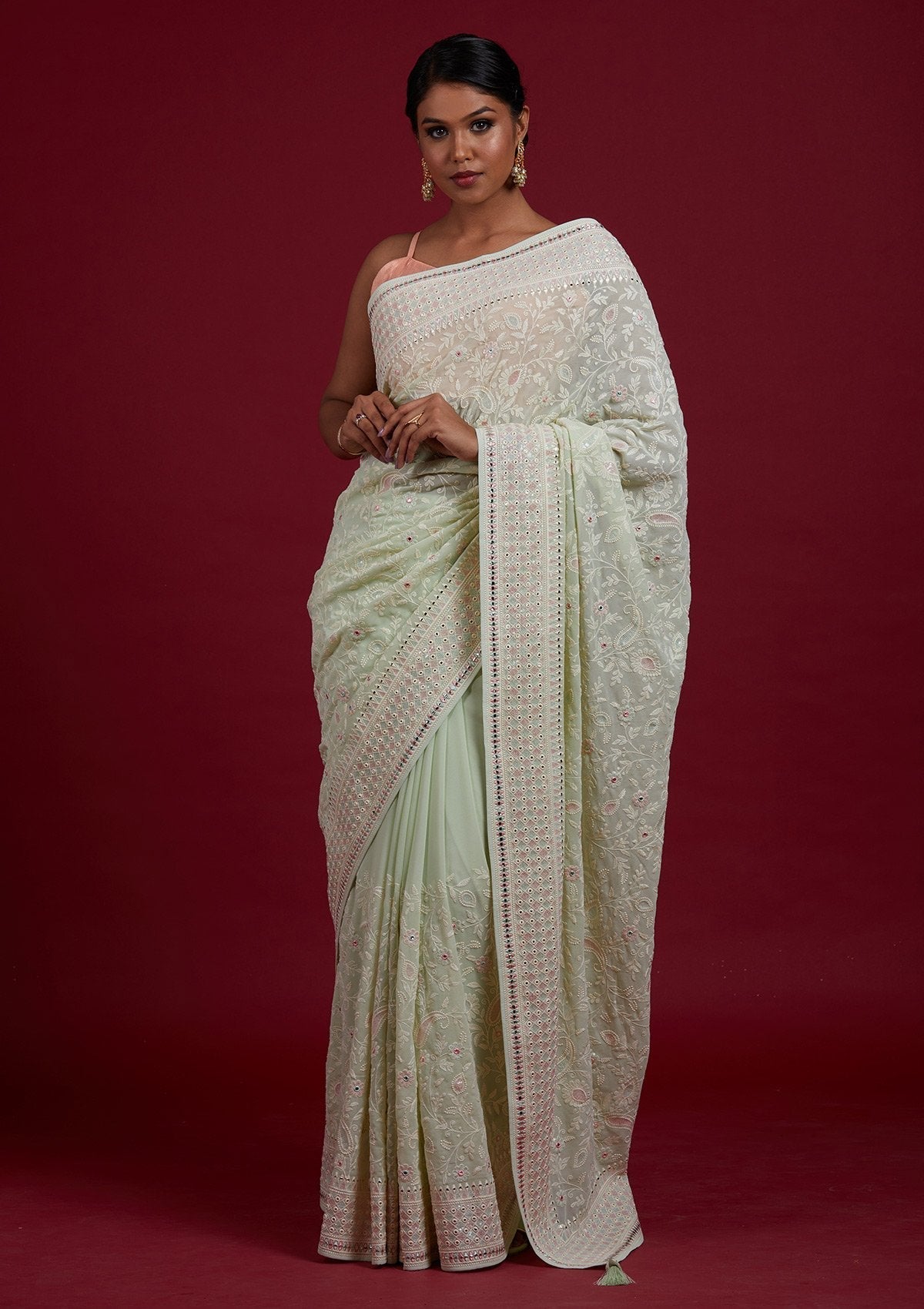 Pista Green Gotapatti Georgette Designer Saree - Koskii