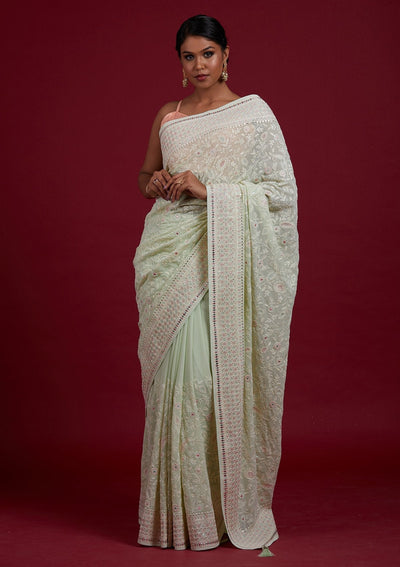 Pista Green Gotapatti Georgette Designer Saree - Koskii