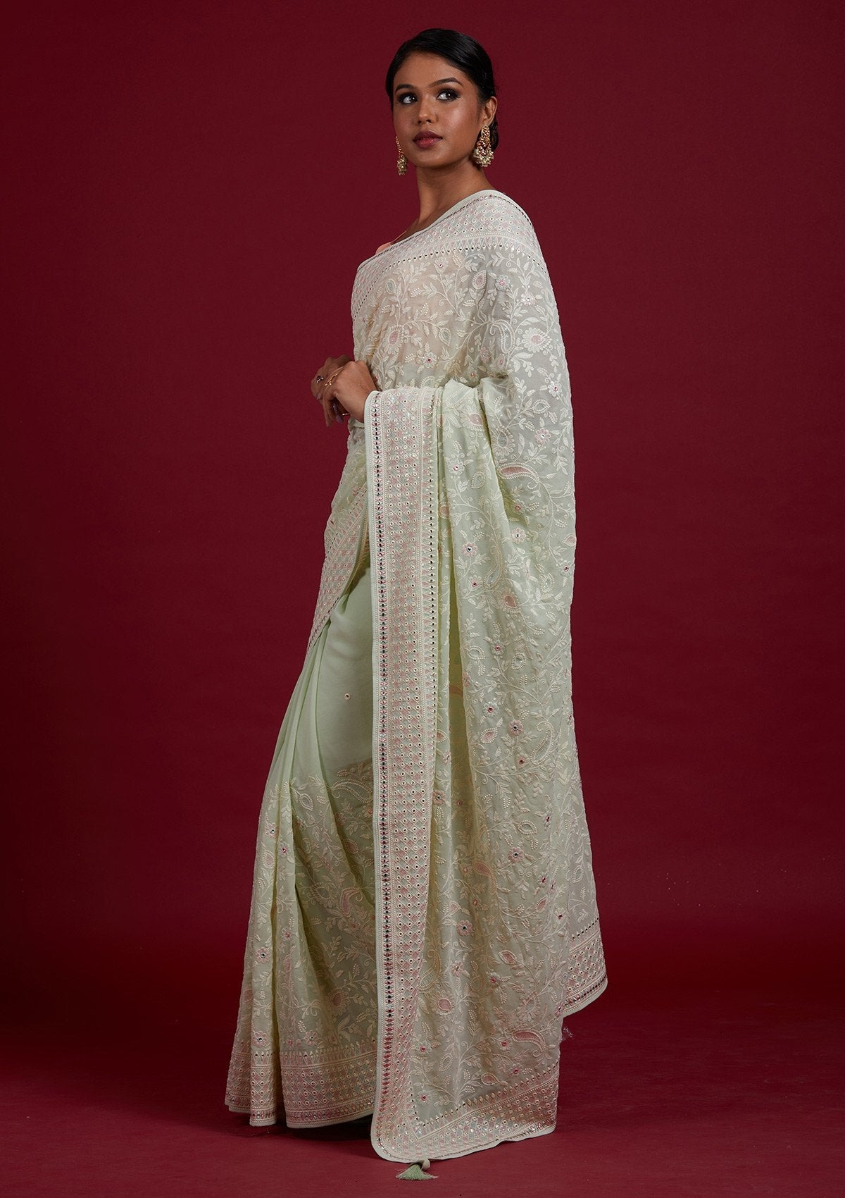 Pista Green Gotapatti Georgette Designer Saree - Koskii