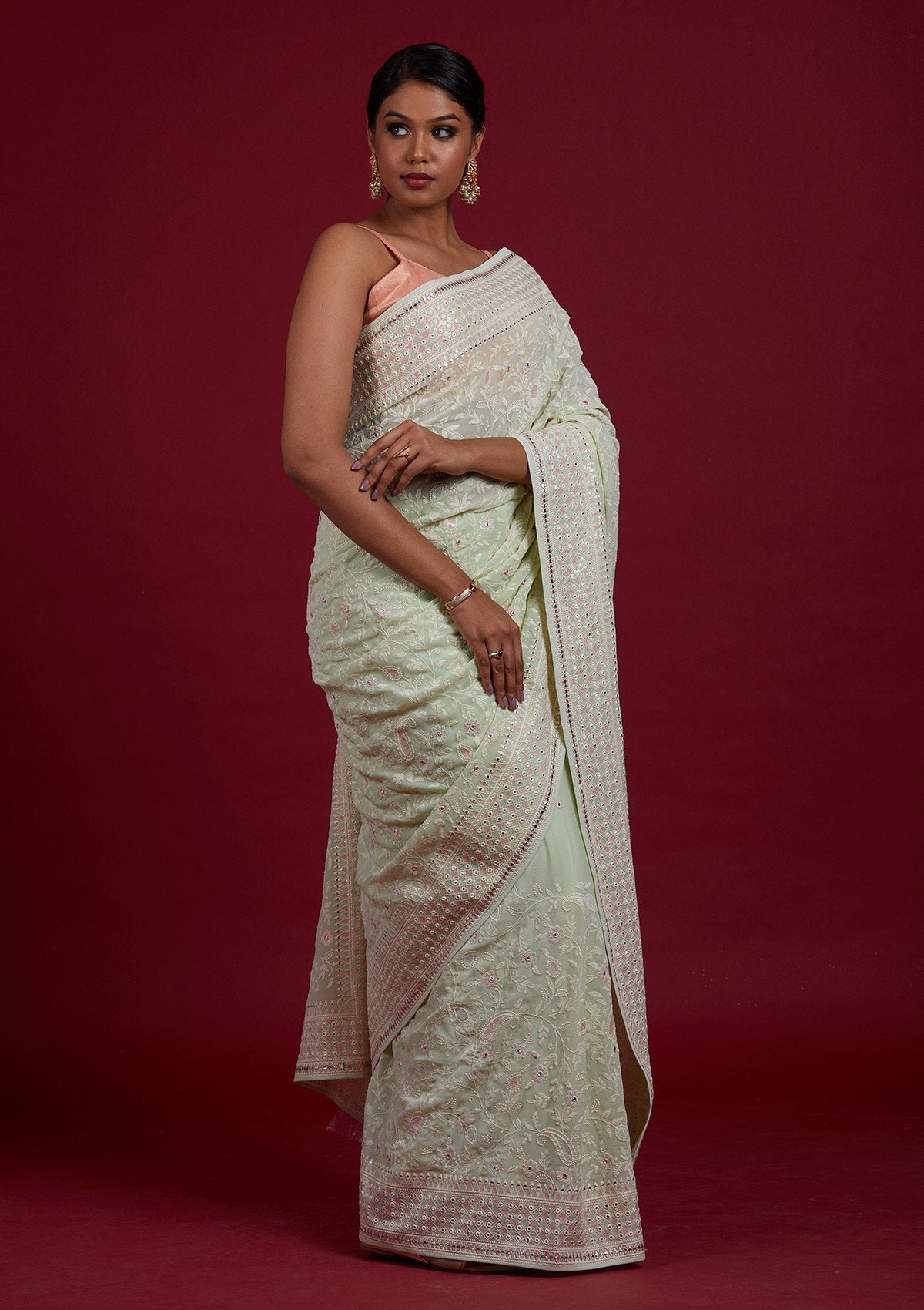Pista Green Gotapatti Georgette Designer Saree - Koskii