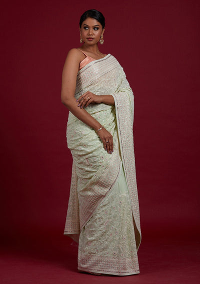 Pista Green Gotapatti Georgette Designer Saree - Koskii