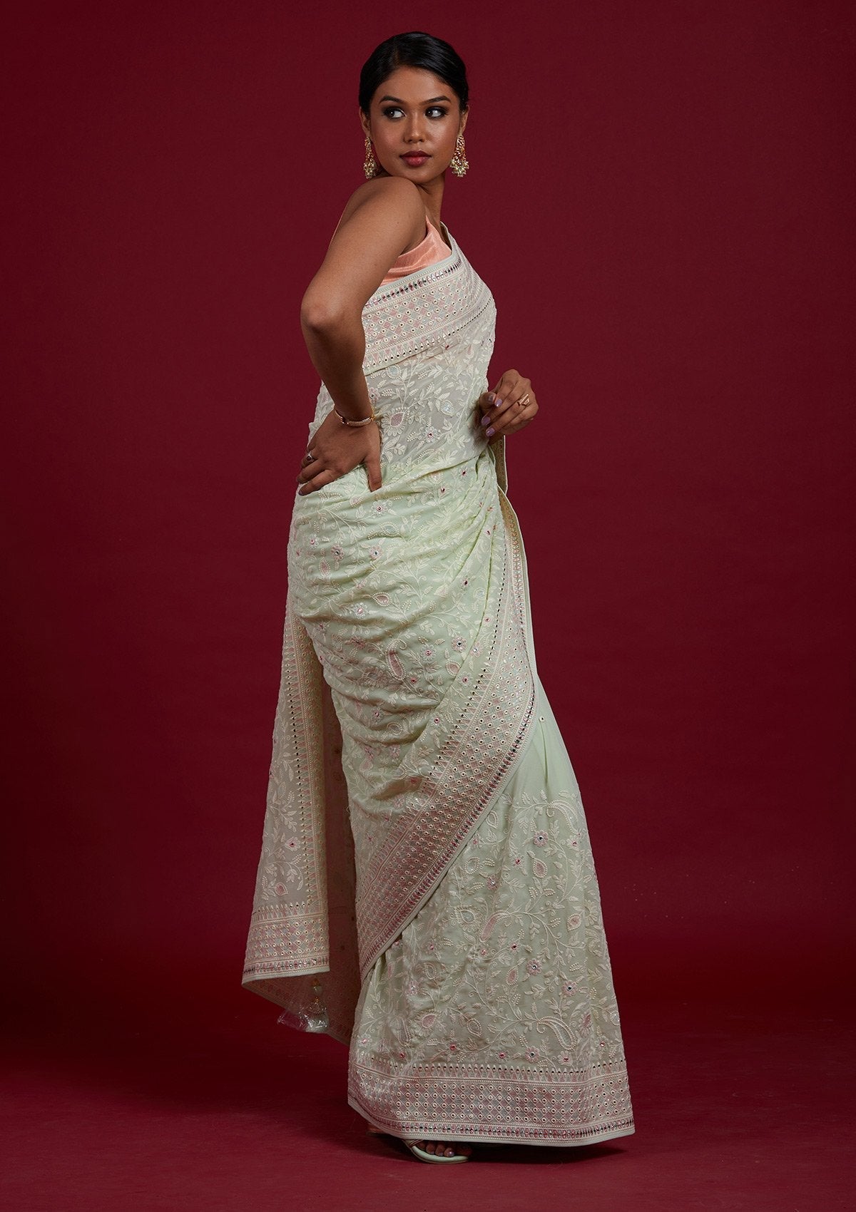 Pista Green Gotapatti Georgette Designer Saree - Koskii