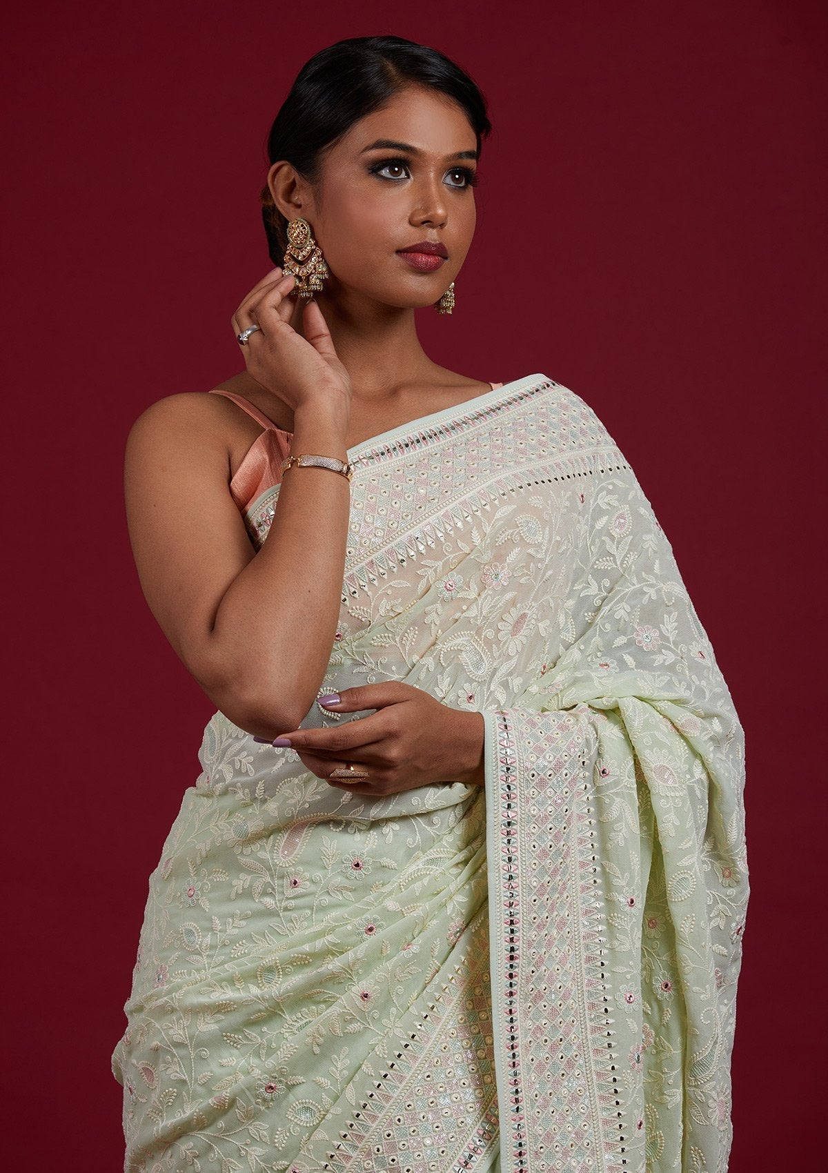 Pista Green Gotapatti Georgette Designer Saree - Koskii