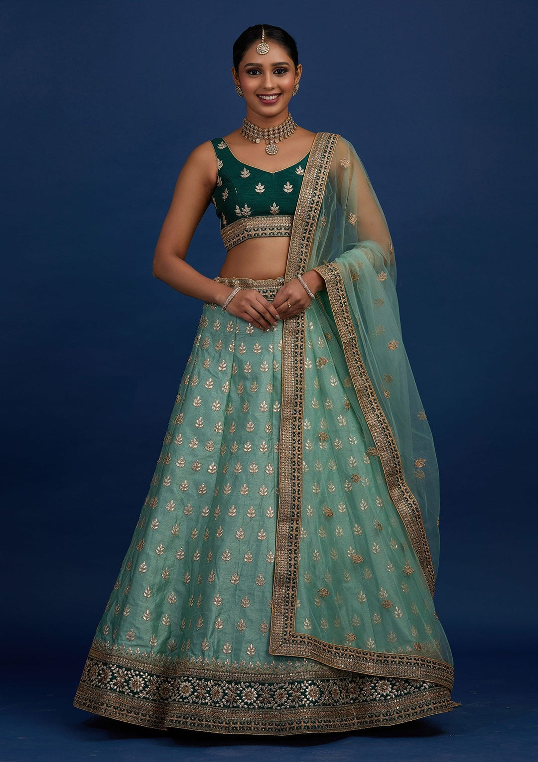 Pista Green Gotapatti Raw Silk Designer Semi-Stitched Lehenga - Koskii