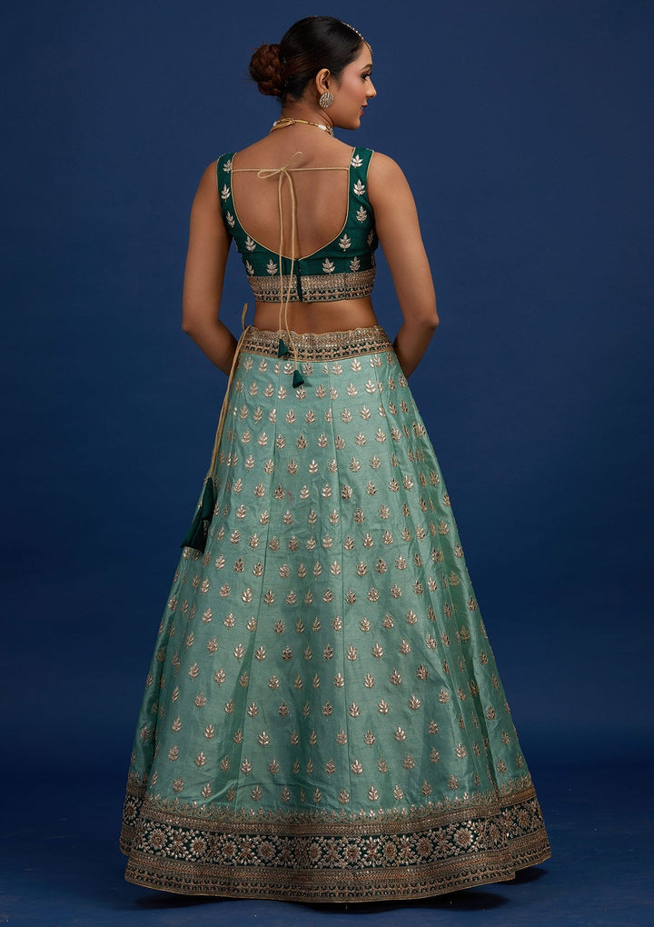 Pista Green Gotapatti Raw Silk Designer Semi-Stitched Lehenga - Koskii