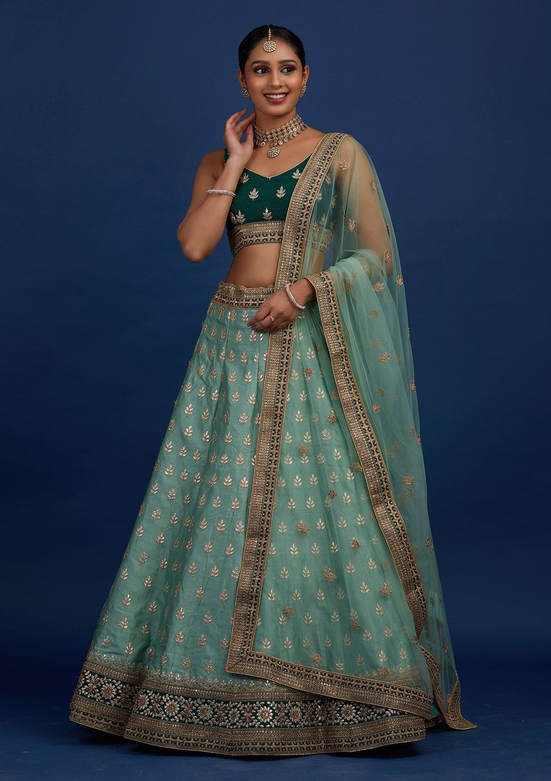 Pista Green Gotapatti Raw Silk Designer Semi-Stitched Lehenga - Koskii