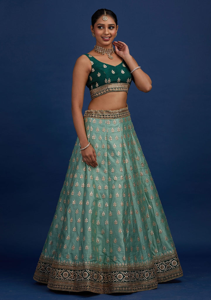Pista Green Gotapatti Raw Silk Designer Semi-Stitched Lehenga - Koskii