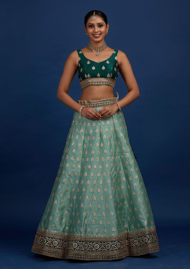Pista Green Gotapatti Raw Silk Designer Semi-Stitched Lehenga - Koskii