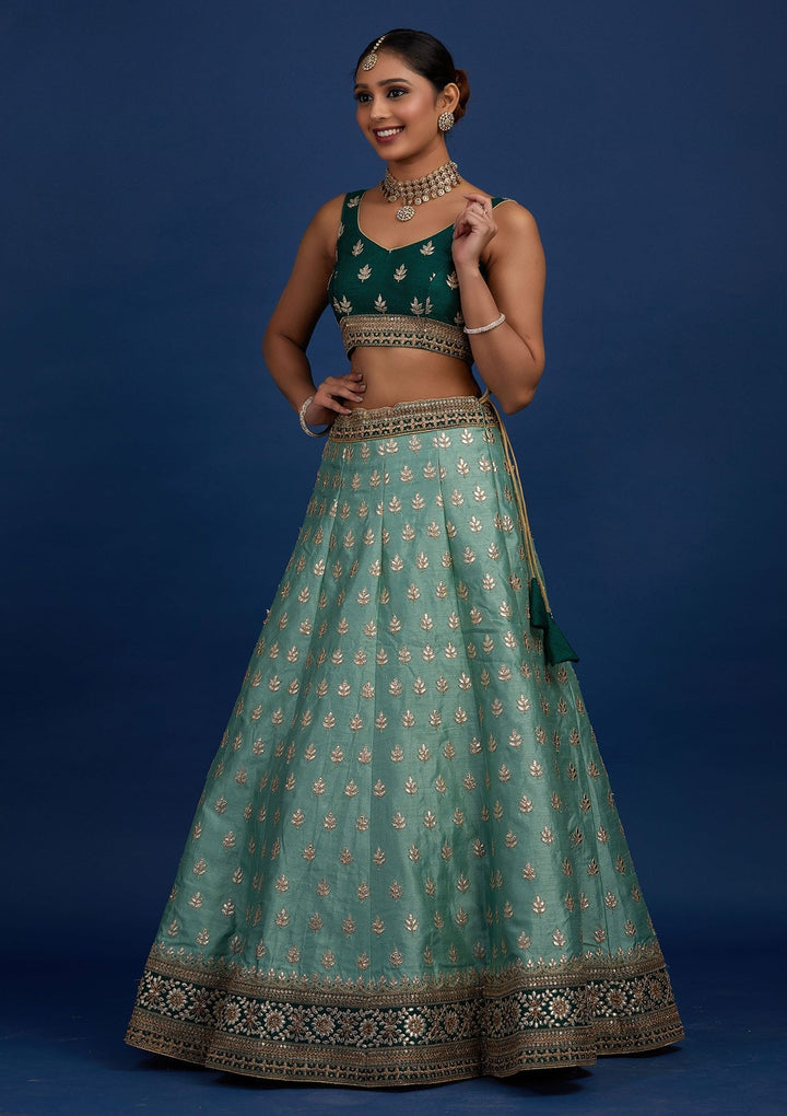 Pista Green Gotapatti Raw Silk Designer Semi-Stitched Lehenga - Koskii