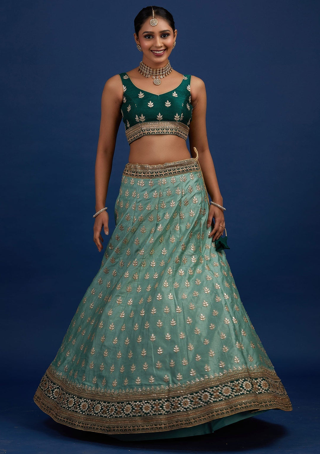 Pista Green Gotapatti Raw Silk Designer Semi-Stitched Lehenga - Koskii