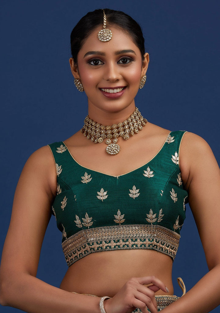 Pista Green Gotapatti Raw Silk Designer Semi-Stitched Lehenga - Koskii