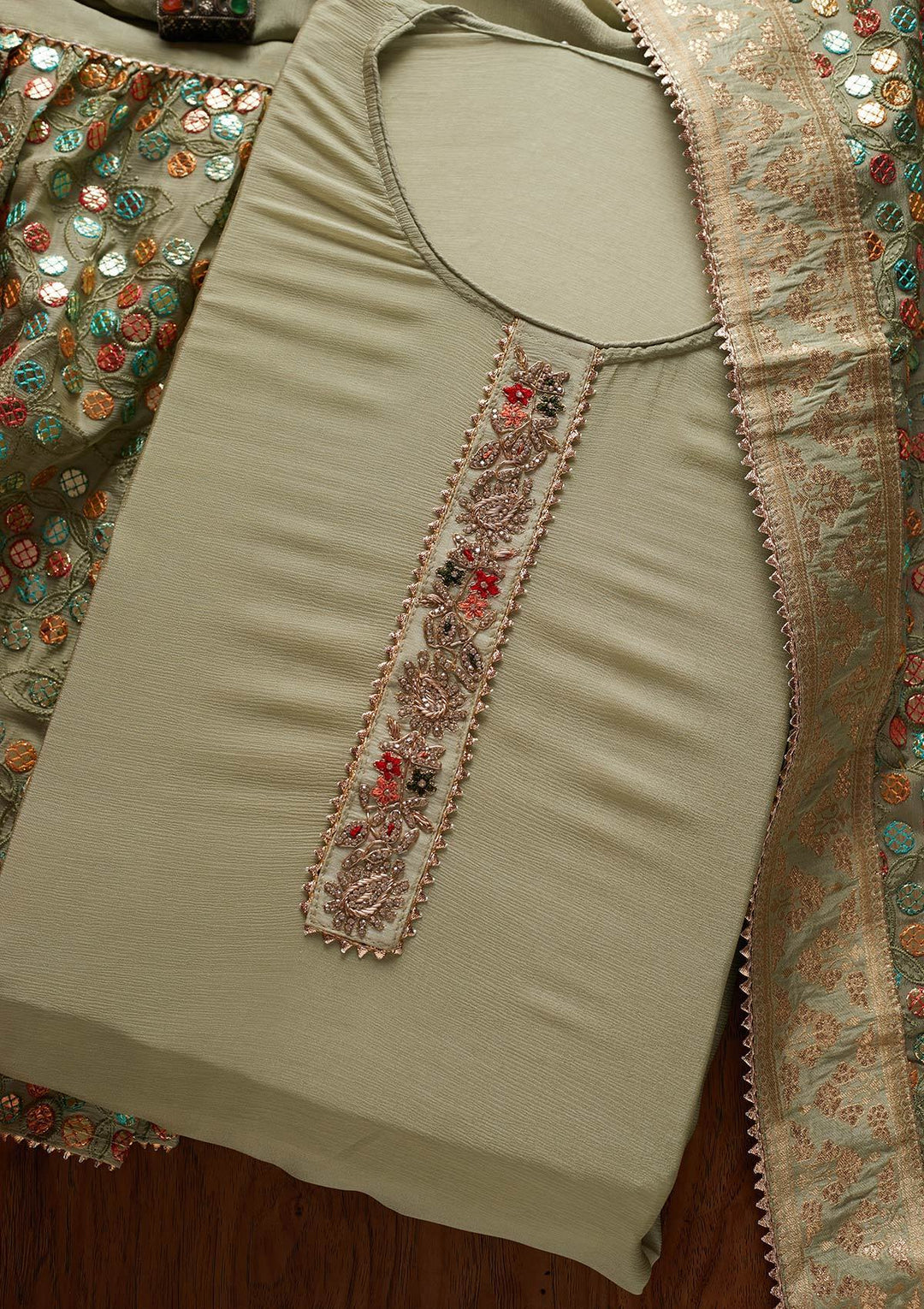 Pista Green Gotapatti Semi Crepe Designer Semi-Stitched Salwar Suit - koskii