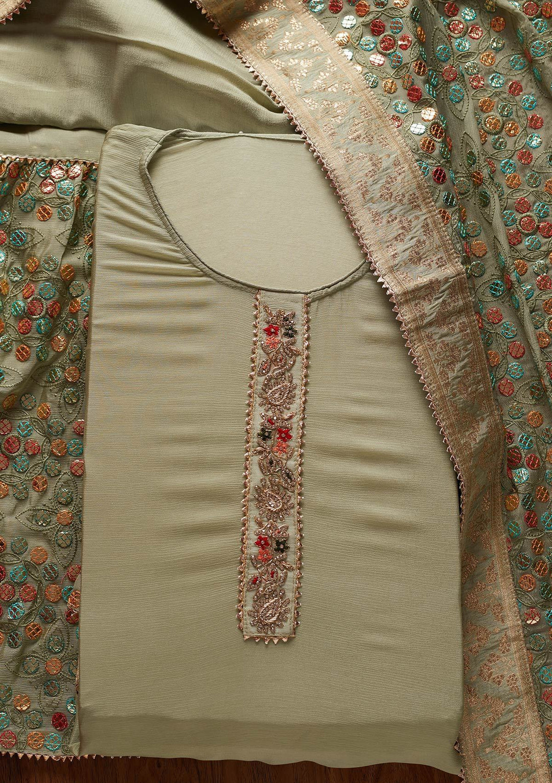 Pista Green Gotapatti Semi Crepe Designer Semi-Stitched Salwar Suit - koskii